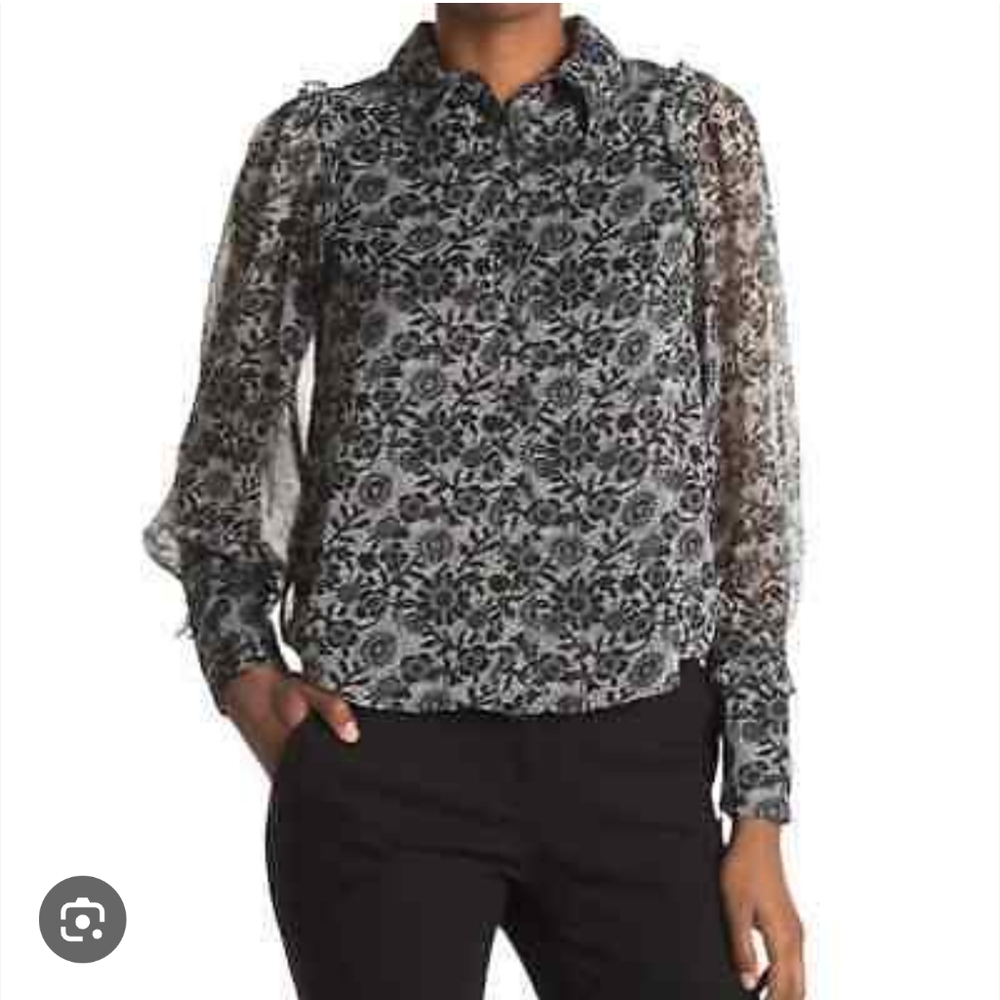 TRUTH Black and White Floral Sheer Long Sleeve Blouse Ruffle Mock Neck Top L